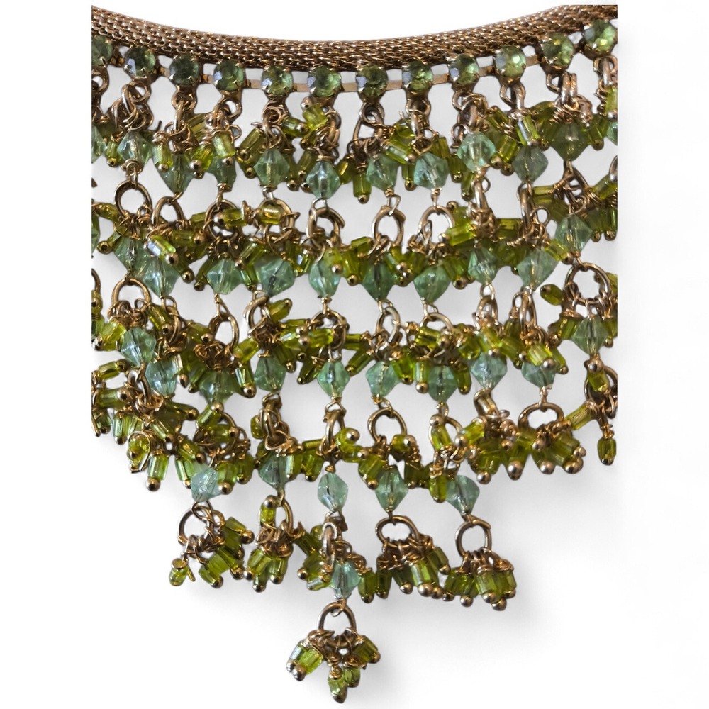 Green Beaded Bib Necklace Gold Tone Statement Necklace Boho Fringe Tassel - Picture 4 of 10